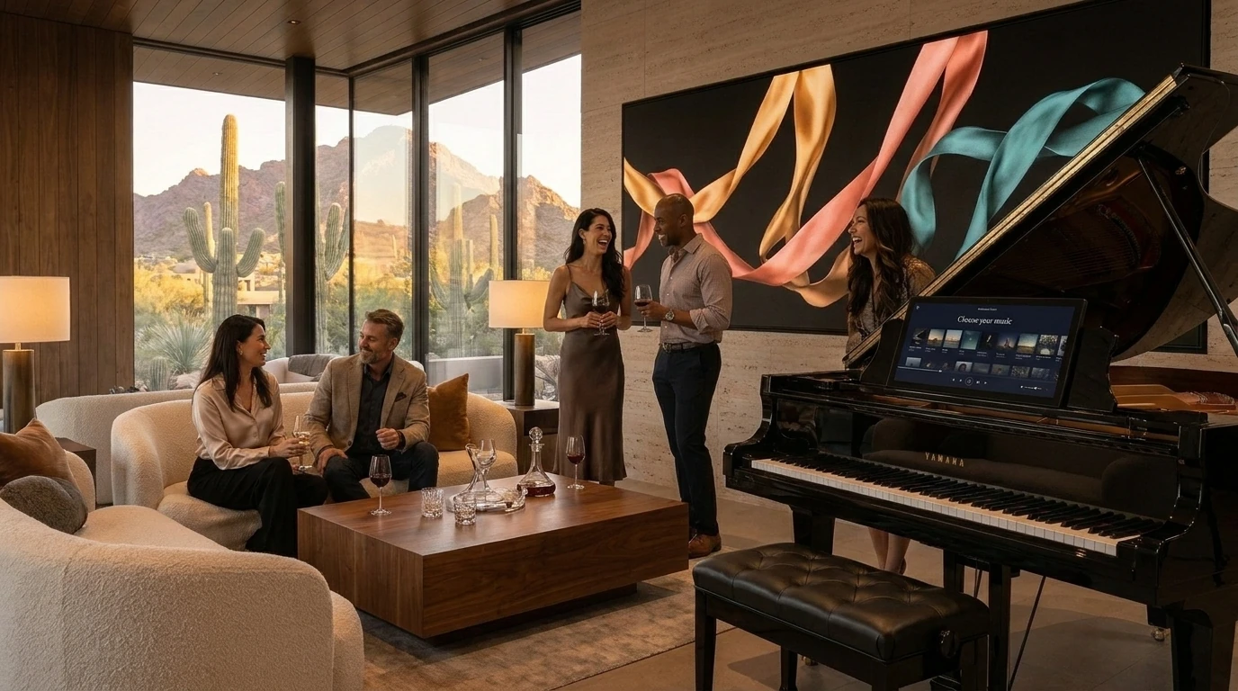 Friends gathering around a self-playing piano, living art, and warm lighting in a desert home