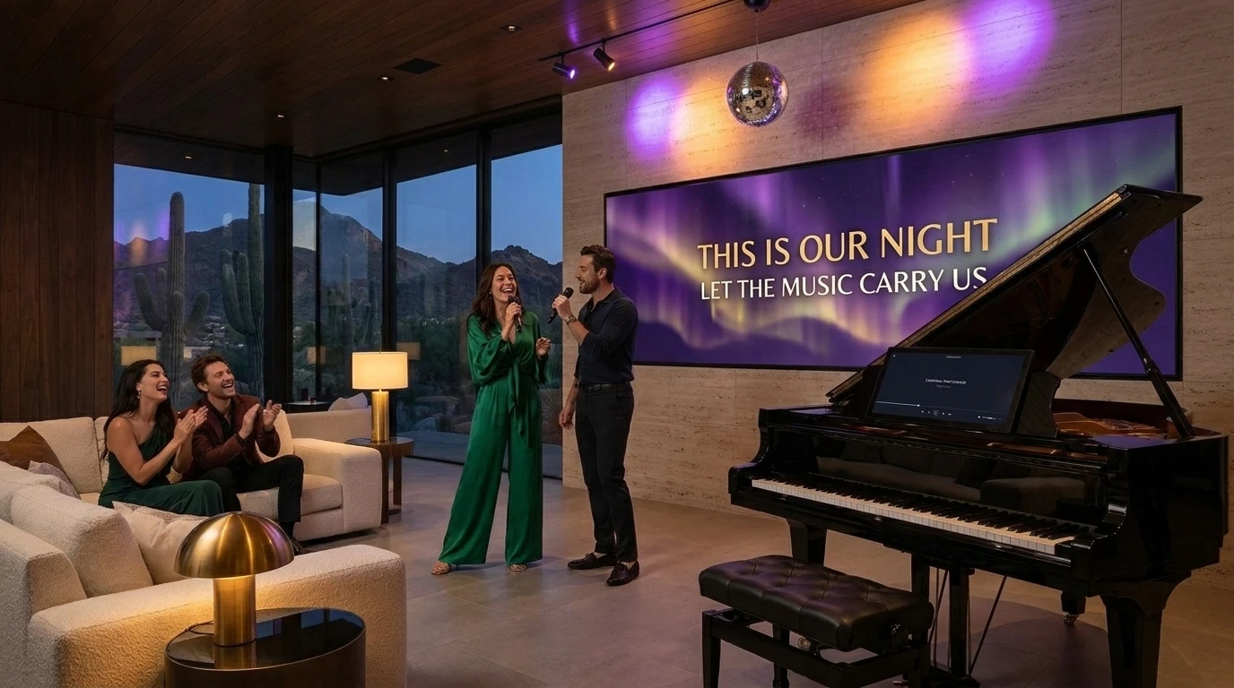 Friends singing karaoke with wireless microphones, a panoramic lyric display, and acoustic piano accompaniment at home