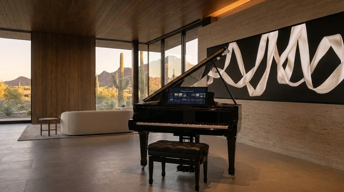 A grand piano and panoramic light artwork in a desert home overlooking mountains and saguaros