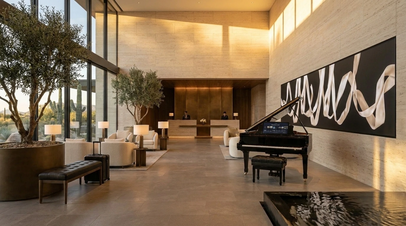 A grand piano and panoramic art wall welcoming guests to a luxury desert hotel lobby