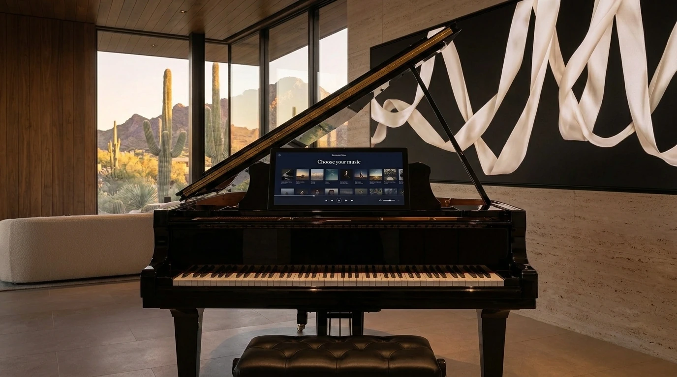 The player’s view: a comfortable piano bench, a full keyboard, and a large touchscreen on the music desk above the keys
