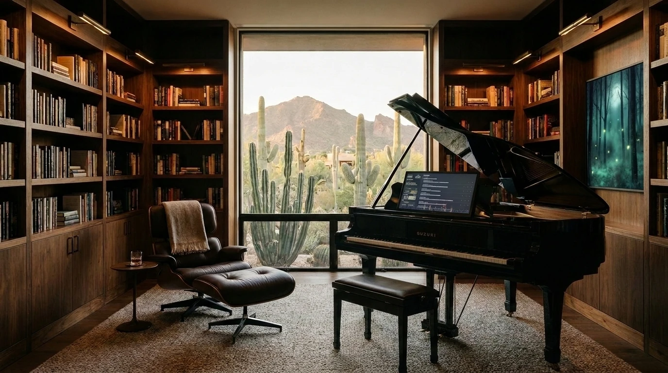 A grand piano in a warm walnut library overlooking the Sonoran Desert
