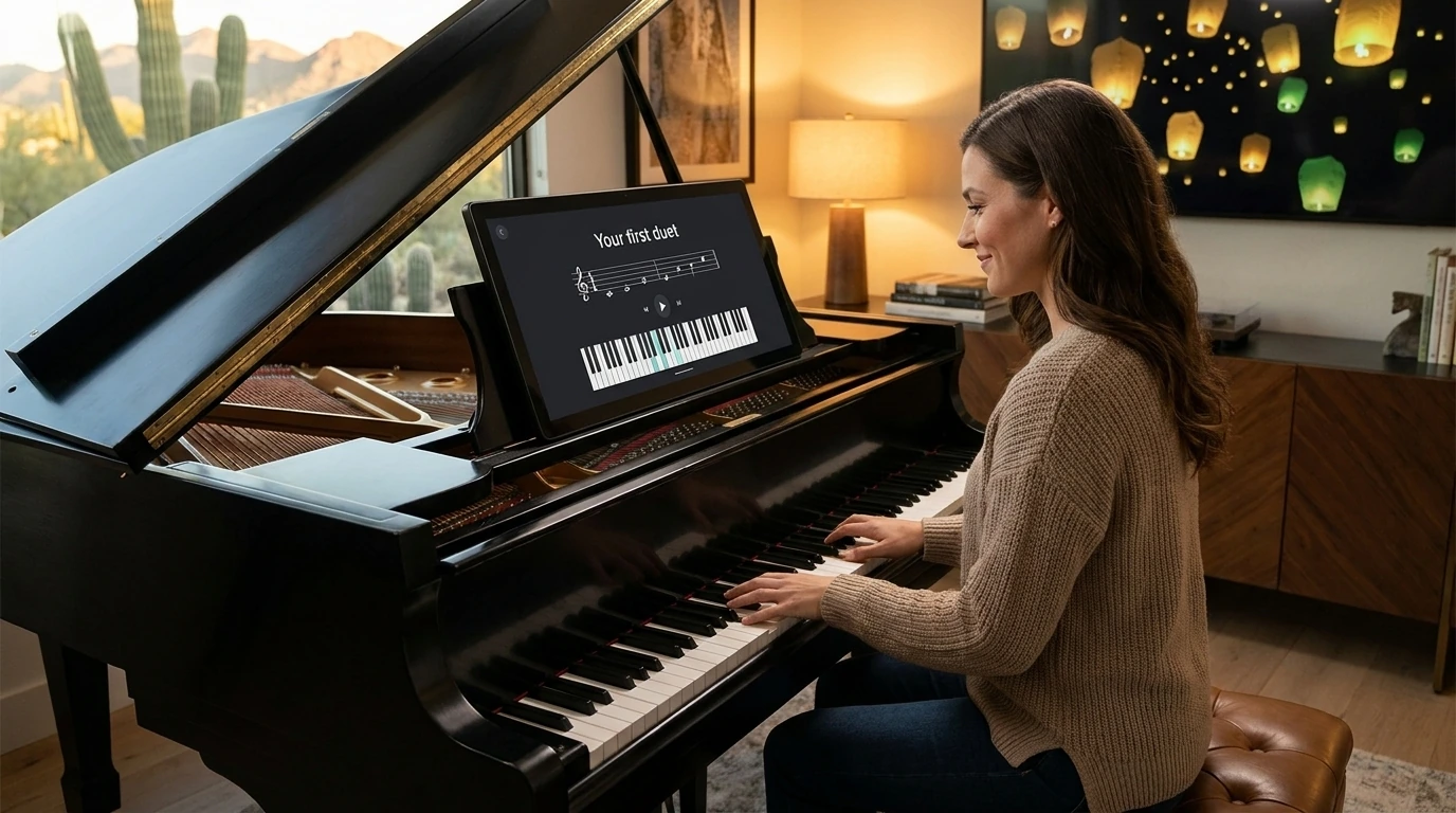 A learner seated at a grand piano, following a lesson on the touchscreen above the keys